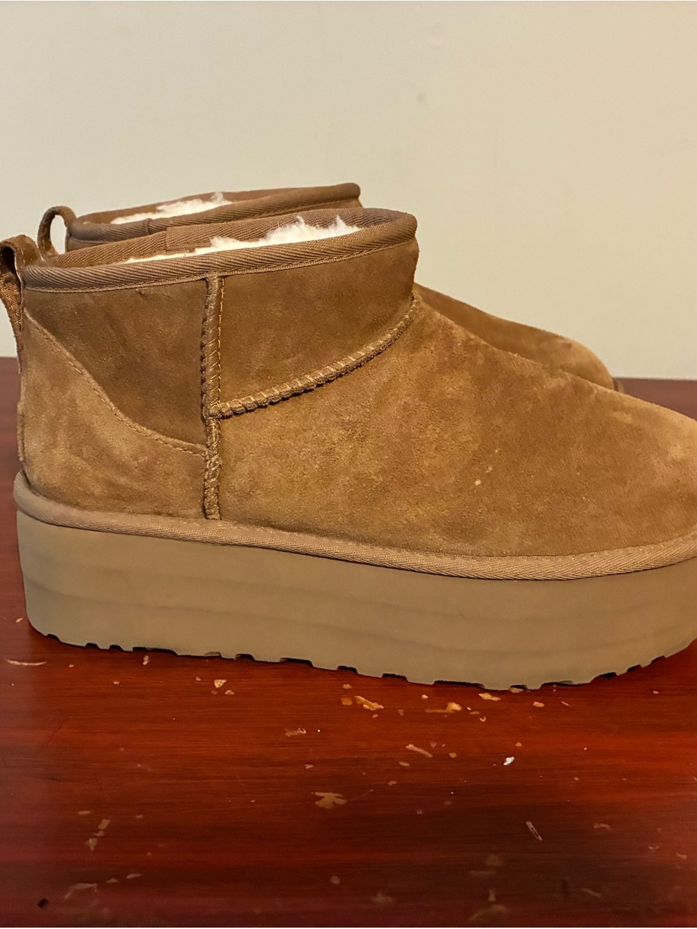 Suede Shearling Platform Ankle Booties in Chestnut
